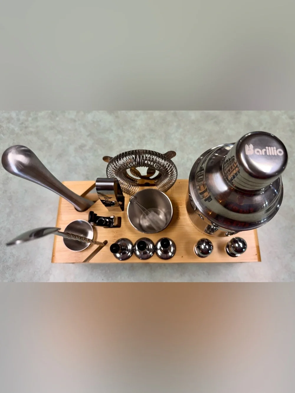 Barillio stainless steel bartending kit with bamboo stand- used once.